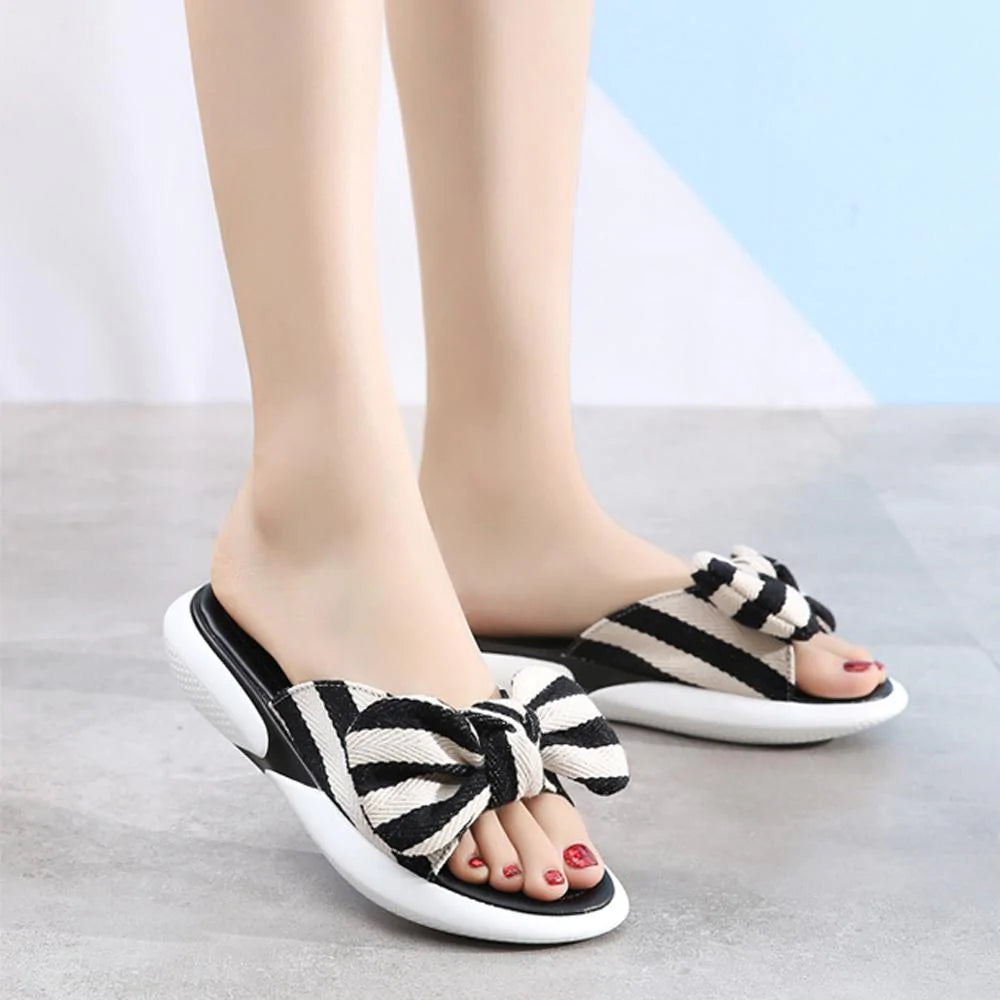 Fashion Open Toe Wedges Bowties Stripe Slides Slippers