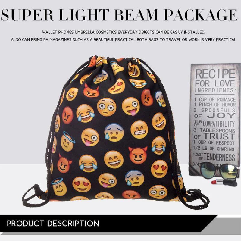 Funny Emoji Print Drawstring Bag