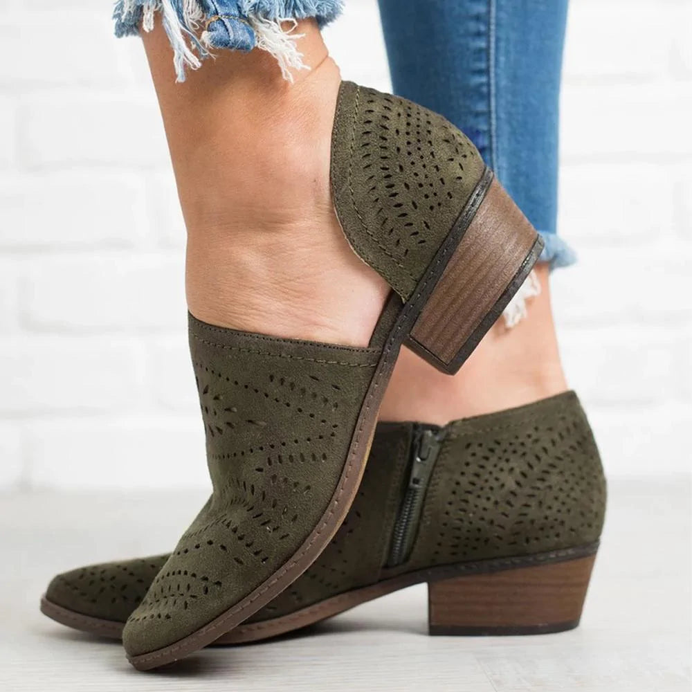 Hollow-Out Low Heel Faux Suede Zipper Ankle Boots
