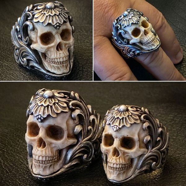 💀💀Vintage polish floral armor antler skull ring