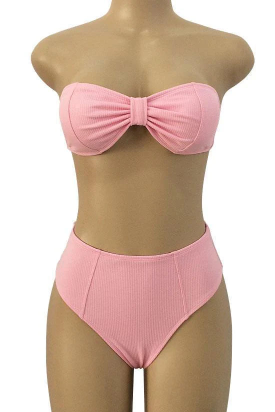 New Ribbed Bowknot Bandeau Bikini Swimsuit in Pink.MO